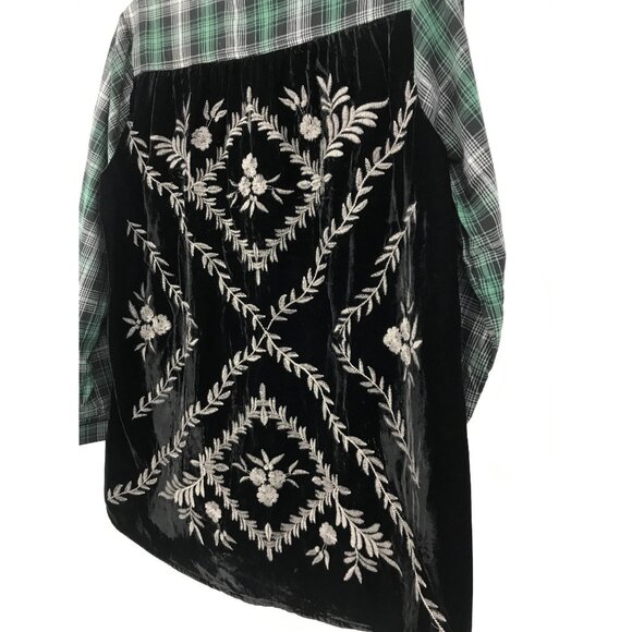 Democracy Plaid Velvet Embroidered Long Sleeve Button Front Shirt Green Small NE - Picture 4 of 7